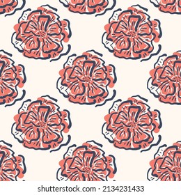 Wild meadow flower seamless vector pattern background. Modern floral line art backdrop with hand drawn outline flowers Elegant botanical geometric repeat design in blue and red.All over print