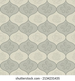 Wilde Wiesenblume, nahtloser Vektormuster-Hintergrund. Moderne florale Kunsthintergründe mit handgezeichneten Rahmenblumen in ogeförmigen Rahmen. Elegante botanische neutrale ecru beige Wiederholung für Verpackung