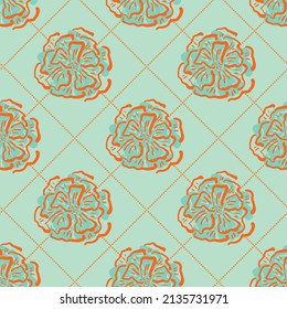 Flor de pradera silvestre sin costuras fondo de patrón vectorial. Moderna línea de arte floral con flores delineadas a mano en marcos con forma de diamante punteado. Repetición elegante de naranja tropical botánico
