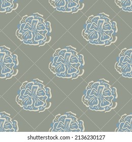 Flor de pradera silvestre sin costuras fondo de patrón vectorial. Moderna línea de arte floral con flores delineadas a mano en marcos con forma de diamante punteado. Repetición neutra elegante de color beige azul botánico