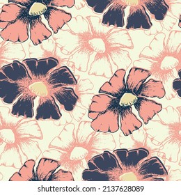 Wild meadow flower seamless vector pattern background. Vintage illustration style backdrop with hand drawn outline flowers. Elegant botanical textural repeat design in blue and pink. All over print