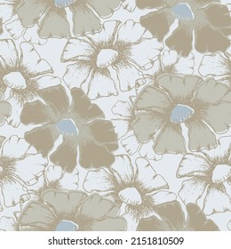 Wilde Wiesenblume, nahtloser Vektormuster-Hintergrund. Vintage-Illustrationsstil-Hintergrund mit handgezeichnet umrissenen Blumen. Elegante botanische Textur wiederholen Design neutral ecru beige und pastellblau
