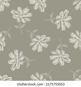 Wild meadow flower seamless vector pattern background. Modern style neutral wild flowers backdrop. Hand drawn line art outline silhouette botanical design. Garden flower cottagecore aesthetic.