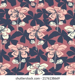 Wild meadow flower seamless vector pattern background. Modern style pink blue wild flowers backdrop. Hand drawn line art outline silhouette textural botanical design. Garden flower cottagecore repeat