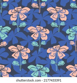 Flor de pradera silvestre sin costuras fondo de patrón vectorial. Flores salvajes de estilo moderno azul rosa. Diseño botánico textural de silueta de líneas dibujadas a mano. Repetición de cottagecore de flores de jardín