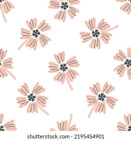 Wilde Wiesenblume, nahtloser Vektormuster-Hintergrund. Moderne rosa Wildblumen auf weißem Hintergrund. Handgezeichnete Linie Art Umriss Silhouette botanisches Design. Gartenblumenkernästhetik.