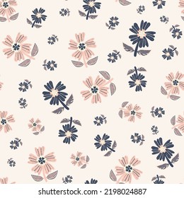 Wild meadow flower seamless vector pattern background. Modern style pink wild flowers on white backdrop. Hand drawn line art outline silhouette botanical design. Garden flower cottagecore aesthetic.