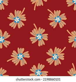 Wild meadow flower seamless vector pattern background. Modern style orange blue wild flowers on red backdrop. Hand drawn line art outline silhouette botanical design. Garden flower cottagecore repeat