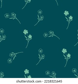 Wild Meadow Flower Seamless Vector Pattern Background. Vertical Flowers Stems On Teal Backdrop. Line Art Outline Silhouette Botanical Design. Monochrome Floral Maximalist Cottagecore For Fashion