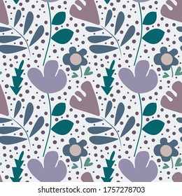 Wild meadow flowers seamless vector pattern background. Botanical purple teal florals on white backdrop. Folk country style millefleurs design. Modern all over print for garden and nature concept