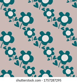 Wild meadow flowers seamless vector pattern background. Botanical pink teal florals geometric backdrop. Folk country style diagonal design. Simple modern all over print for fabric, packaging