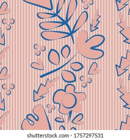 Flores de pradera silvestres sin costura de fondo vectorial. Flores de arte de la línea azul rosada botánica sobre un fondo sutil a rayas. Diseño geométrico de estilo vintage moderno. Todo impreso para tela, embalaje.