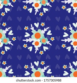 Wild meadow flowers seamless vector pattern background. Bouquets of neon florals on indigo backdrop. Folk country style geometric design. Modern all over print for garden and nature product concept