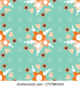 Wild meadow flowers seamless vector pattern background. Bouquets of florals orange teal backdrop. Folk country style geometric design. Modern all over print for garden and nature product concept.