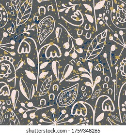 Wild meadow flowers seamless vector pattern background. Dense millefleur repeat with hand drawn florals and paisley leaves. Textured with grunge yellow and blue paint spatter for aged vintage effect.