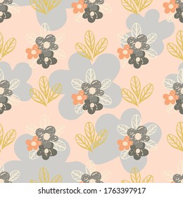 Wild meadow flowers seamless vector pattern background. Retro color small florals and leaves on textured backdrop. Mid-century geometric design. Pastel repeat for fabric, packaging, stationery