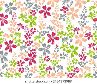 Wilde Wiese vergessen-mich-nicht Blumen endlose Ornament Vektor-Design. Millefleurs primitives Motiv. Rustikaler schicker Tapetenprint mit Blumenracemes. Butterbecher blühen Frühlingsdruck.