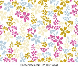 Wild meadow forget-me-not flowers endless ornament vector illustration. Millefleurs beautiful motif. Floral textile print with flower inflorescences. Buttercups bloom summer print.