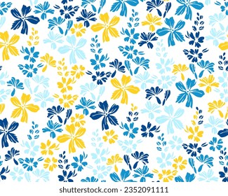 Wild meadow forget-me-not flowers repeat ornament vector illustration. Millefleurs primitive motif. Shabby chic textile print with flower truss elements. Forget-me-nots blossom spring print.