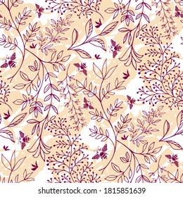 Wild meadow grass and bees seamless vector pattern background. Scattered line art leaves and foliage branches with flying insects on painterly textured backdrop. Busy modern botanical all over print.