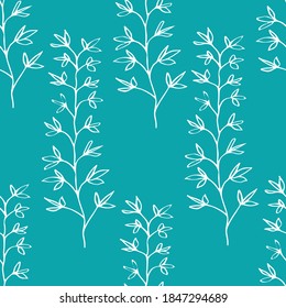 Wild meadow grass seamless vector pattern background. White line art long vertical foliage stems on aqua blue backdrop. Scribbled hand drawn botanical design. Geometric all over print for wellbeing