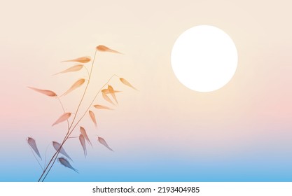 Wild meadow grass silhouette on sunrise sky background. Traditional oriental ink painting sumi-e, u-sin, go-hua