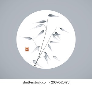 Wild meadow grass in white circle on grey background. Traditional oriental ink painting sumi-e, u-sin, go-hua in minimalist style. Translation of hieroglyph - eternity.