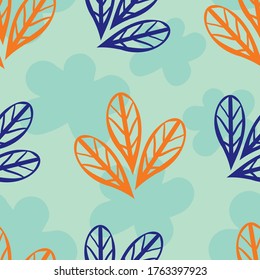 El prado silvestre deja un fondo de patrón vectorial sin fisuras. Teal, naranja, trío índigo de hojas sobre silueta de fondo de textura floral. Amplio diseño geométrico. Repetición para el concepto de bienestar y spa