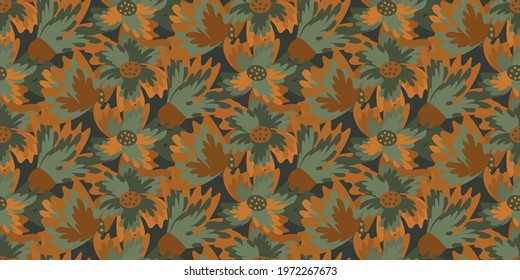 Wild meadowflower blossom seamless vecor border. Banner with abstract ochre and sage green painterly floral texture . Hand drawn petals modern botanical design. For edging, header, trim, packaging