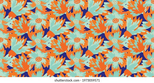 Wild meadowflower blossom seamless vecor border. Banner with abstract neon blue orange indigo painterly floral texture . Hand drawn petals modern botanical design. For edging, header, trim, packaging