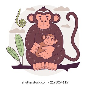 Wild monkey with a baby. Human evolution theory. Humanity ancestors, anthropology studying concept. Flat vector illustration