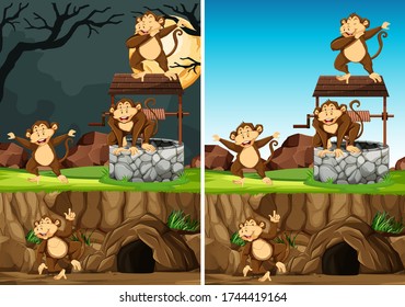 Wild monkey group in many poses in animal park cartoon style isolated on day and night background illustration