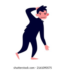 Wild monkey. Human evolution theory flat vector illustration. Way from monkey to cyborg or robot. Cavemen as ancestors. Anthropology, reality and history