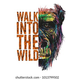 Wild monkey illustration, half face front look, hand drawing with cool slogan for t-shirt and other uses