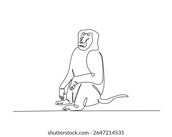 Wild monkey in single outline illustration. Continuous line art drawing of monkey.