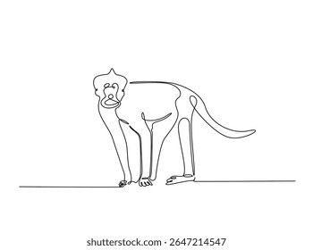 Wild monkey in single outline illustration. Continuous line art drawing of monkey.