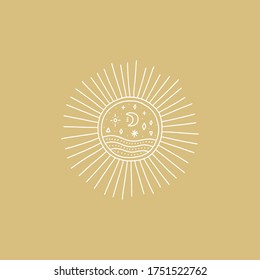 Wild moonchild art. Moon and Sun concept. Witchcraft culture. Harmony and zen. Crescent moon magic symbols. Vector illustration.