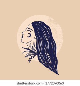 Wild moonchild girl silhouette. Face modern witch concept. Witchcraft female culture. Harmony and zen. Crescent moon magic symbols. Vector illustration.