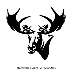 wild moose bull head front view black and white portrait hand drawn and then transfered to vector