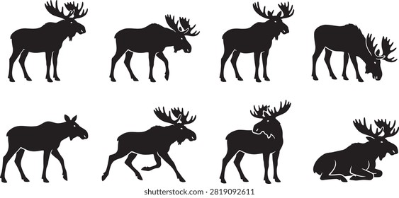 Wild moose and elk silhouettes set standing walking and grazing