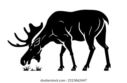 Wild Moose Grazing, Side View Animal Silhouette