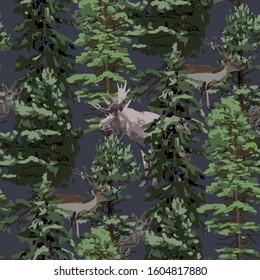 Wild moose and reindeers surrounded by coniferous trees. Vector repeated seamless pattern