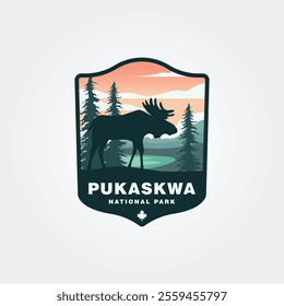 wild moose with view of pukaskwa national park logo design, adventure canada national park logo