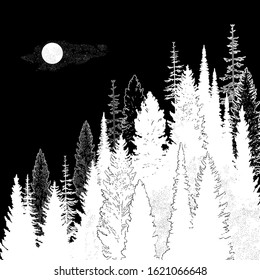 Wild mountain forest landscape.Isolated vector illustration. Invitation. Tattoo, travel, adventure, outdoors retro symbol.