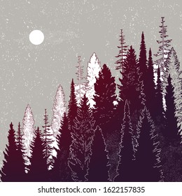 Wild mountain forest landscape.Isolated vector illustration. Invitation. Tattoo, travel, adventure, outdoors retro symbol.