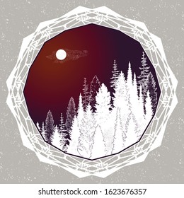Wild mountain forest landscape.Isolated vector illustration. Invitation. Tattoo, travel, adventure, outdoors retro symbol.