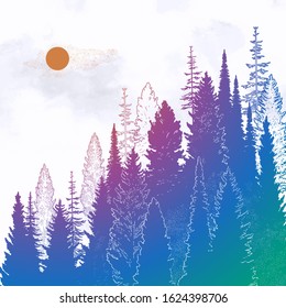 Wild mountain forest landscape.Isolated vector illustration. Invitation. Tattoo, travel, adventure, outdoors retro symbol.