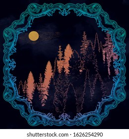 Wild mountain forest landscape.Isolated vector illustration. Invitation. Tattoo, travel, adventure, outdoors retro symbol.