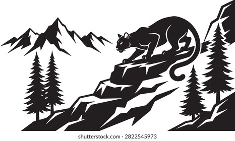 Wild Mountain Lion Silhouette Vector Graphic in Rugged Landscape with Conifer Trees and Peaks