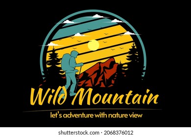 wild mountain retro design hand drawing